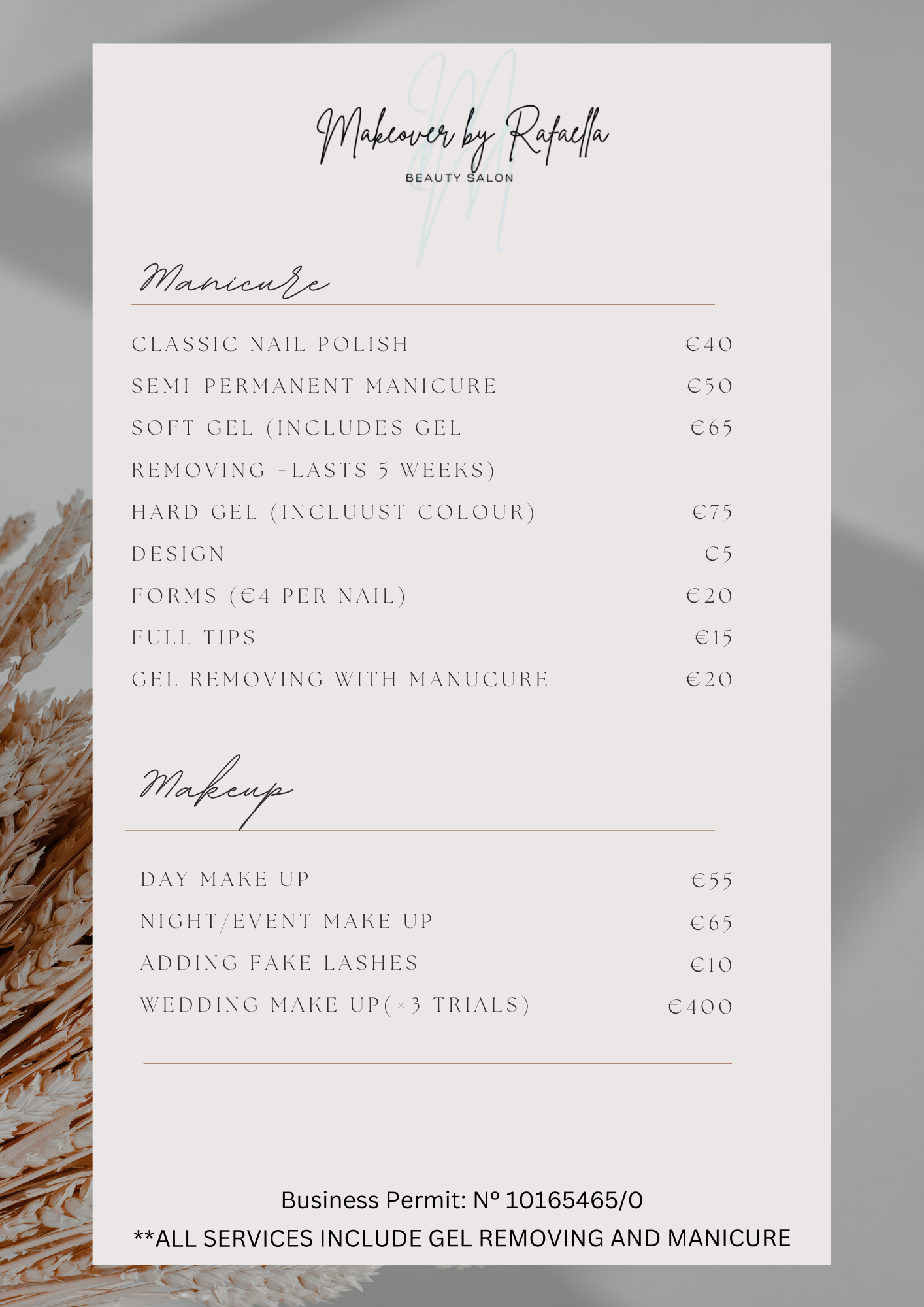 Makeover by Rafaella Price List for Manicure (Classic Nail Polish 40€, Semi Permanent Manicure 50€, Soft Gel 65€, Hard Gel 75€, Full Tips 15€), Lashes + Brows (Lash Lift 70€, Eye Brow Lamination 50€), and Makeup (Day Make Up 55€, Night/Event Make Up 65€, Wedding Make Up 400€).