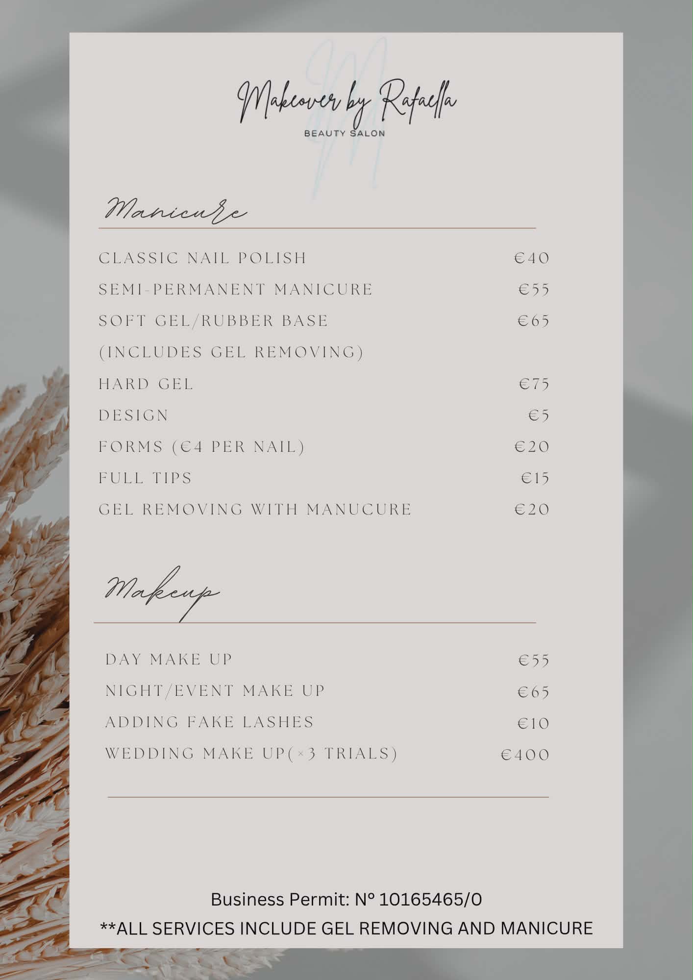 Makeover by Rafaella Price List for Manicure (Classic Nail Polish 40€, Semi Permanent Manicure 50€, Soft Gel 65€, Hard Gel 75€, Full Tips 15€), Lashes + Brows (Lash Lift 70€, Eye Brow Lamination 50€), and Makeup (Day Make Up 55€, Night/Event Make Up 65€, Wedding Make Up 400€).